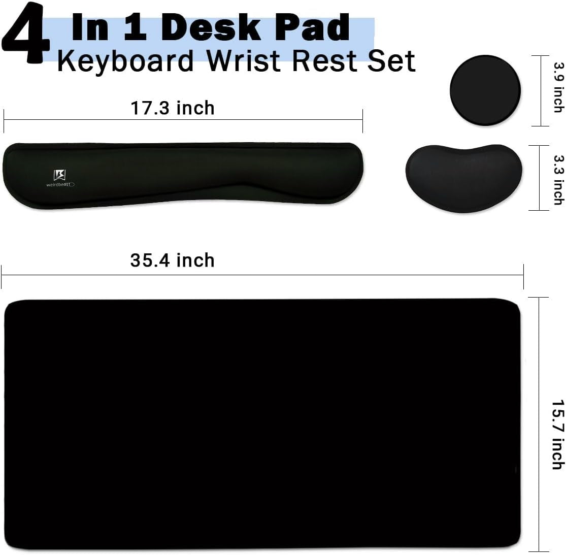 4-In-1 Large Gaming Mouse Pad, Keyboard Wrist Rest Pad & Wrist Support Mousepad Set, Extended Desk Pad Waterproof Desk Mat for Home Office Study Game-Black